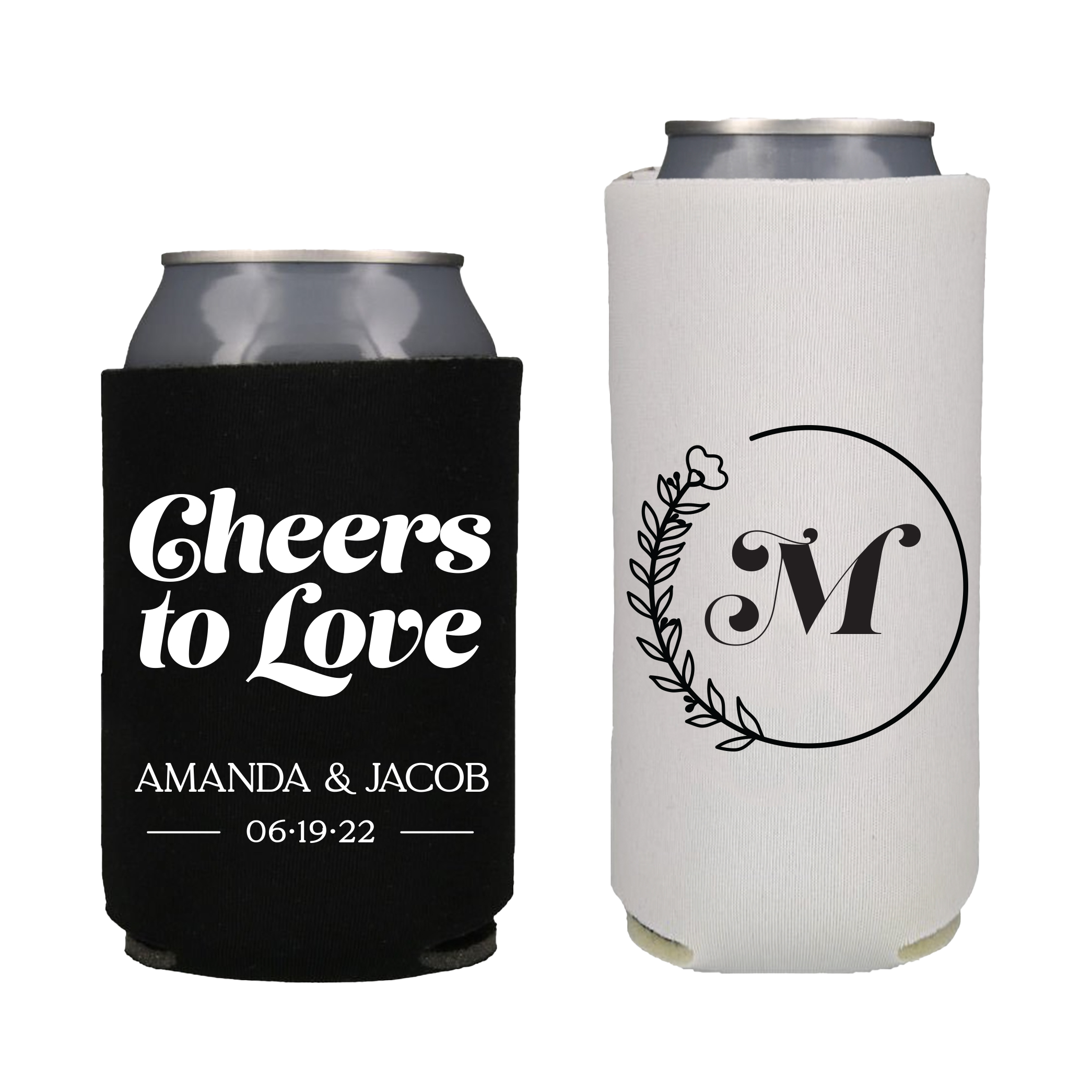 wedding can cooler bundle with a black standard koozie and a white slim koozie, design is Cheers to Love