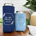 personalized wedding can coolers with a drawing of a dog that says I Do, Too!