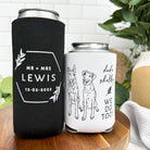 personalized wedding can coolers with a drawing of 2 dogs that say I Do, Too!