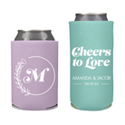 wedding can cooler bundle with a lavender standard koozie and a robins egg blue slim koozie, design is Cheers to Love