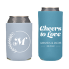 wedding can cooler bundle with a placid blue standard koozie and a neon blue slim koozie, design is Cheers to Love