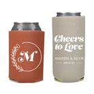 wedding can cooler bundle with a placid rust standard koozie and a sandstone slim koozie, design is Cheers to Love