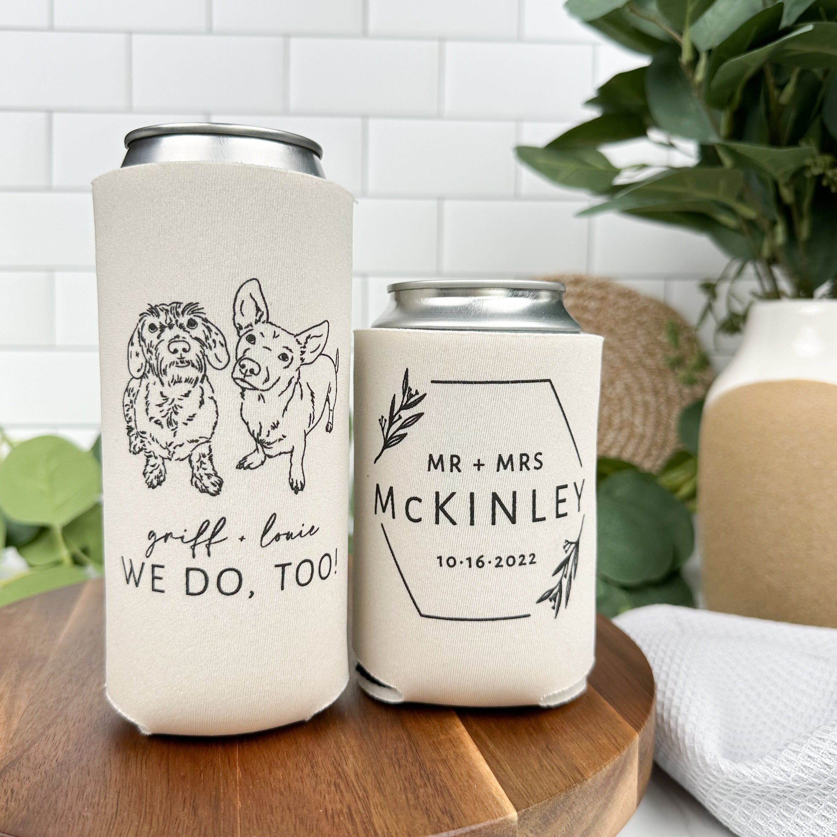 personalized wedding can coolers with a drawing of 2 dogs that say I Do, Too!