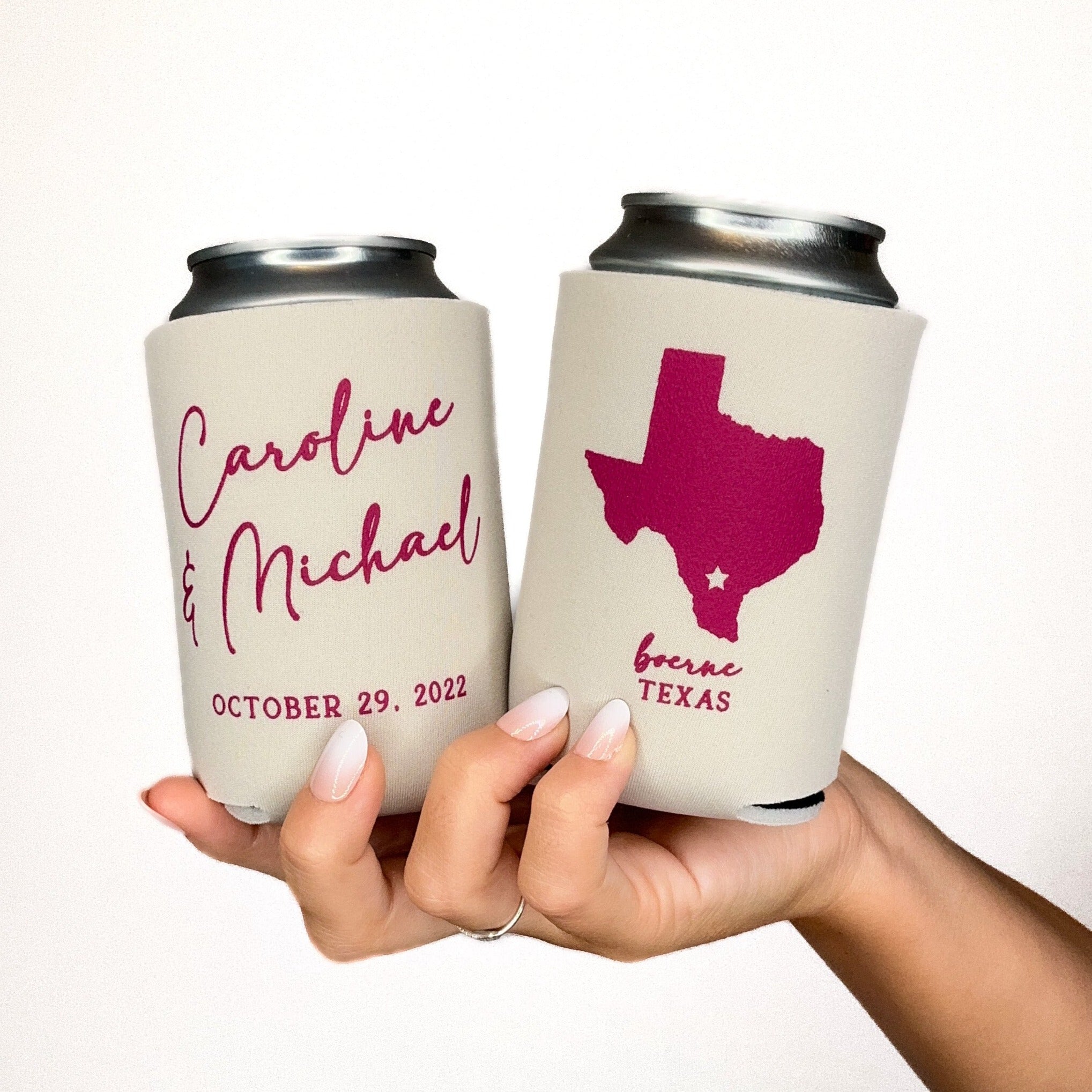 Custom wedding can coolers in the color sandstone, featuring a state outline