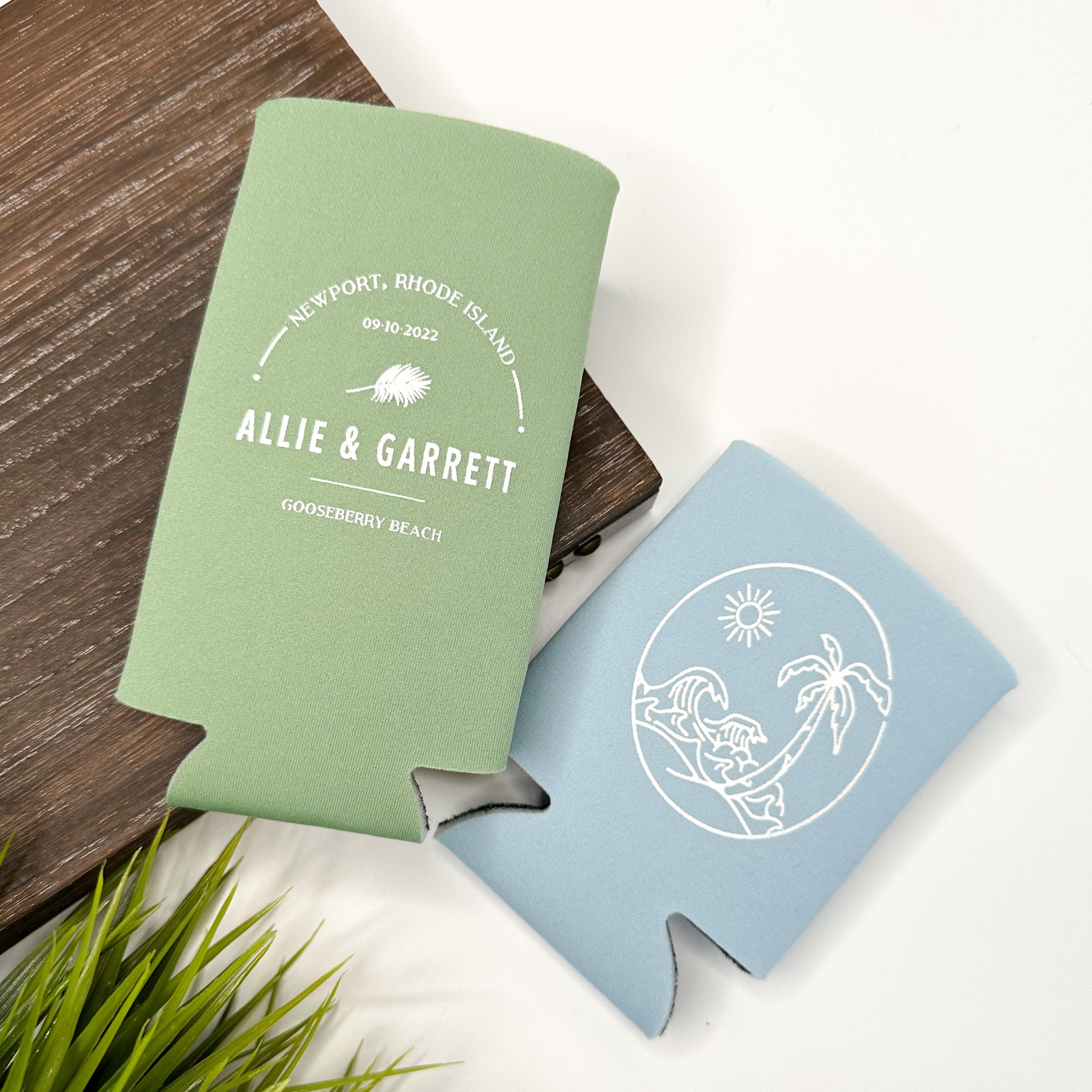 Tropical destination wedding can coolers in colors sage green and placid blue