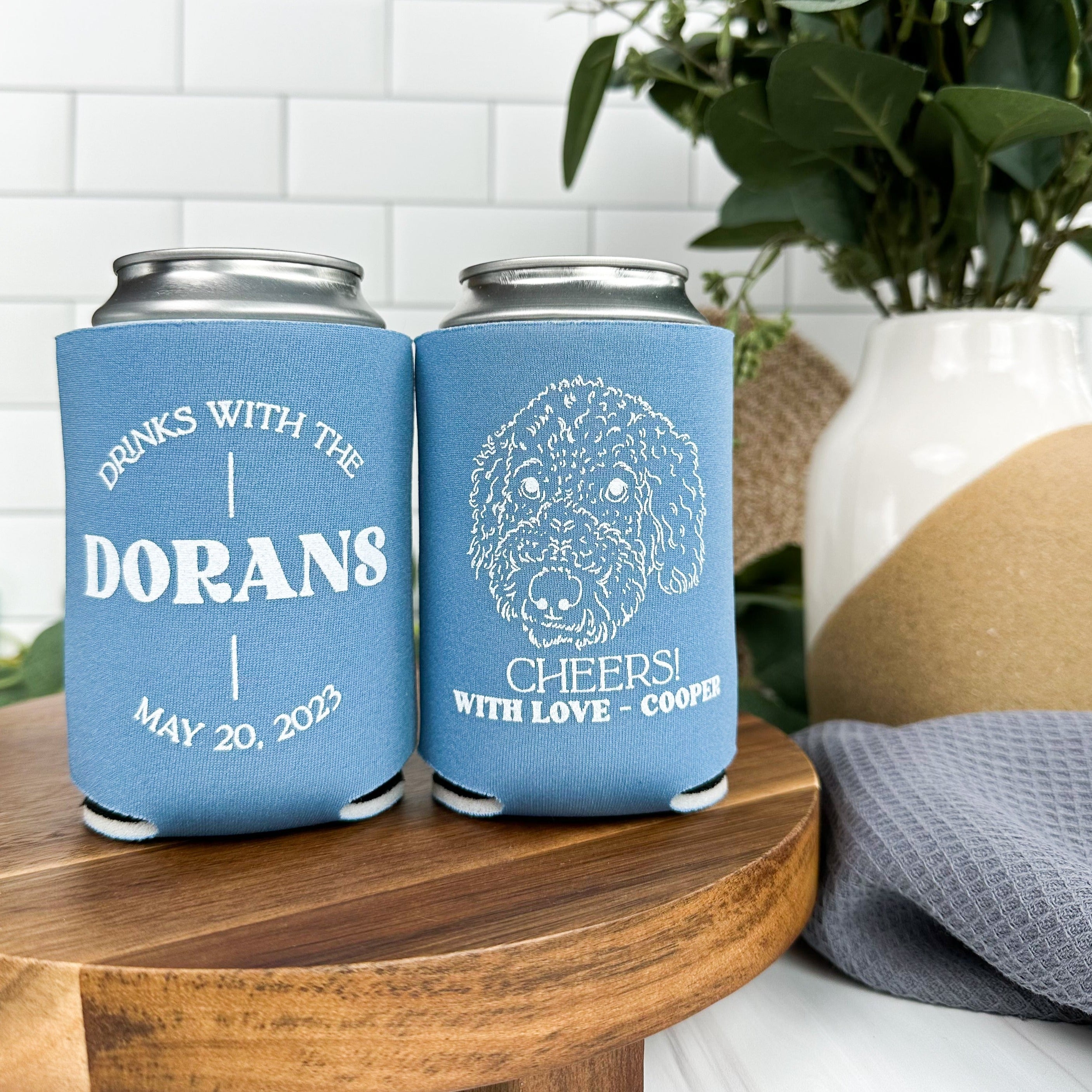 Pet drawing custom wedding can coolers in the color steel blue