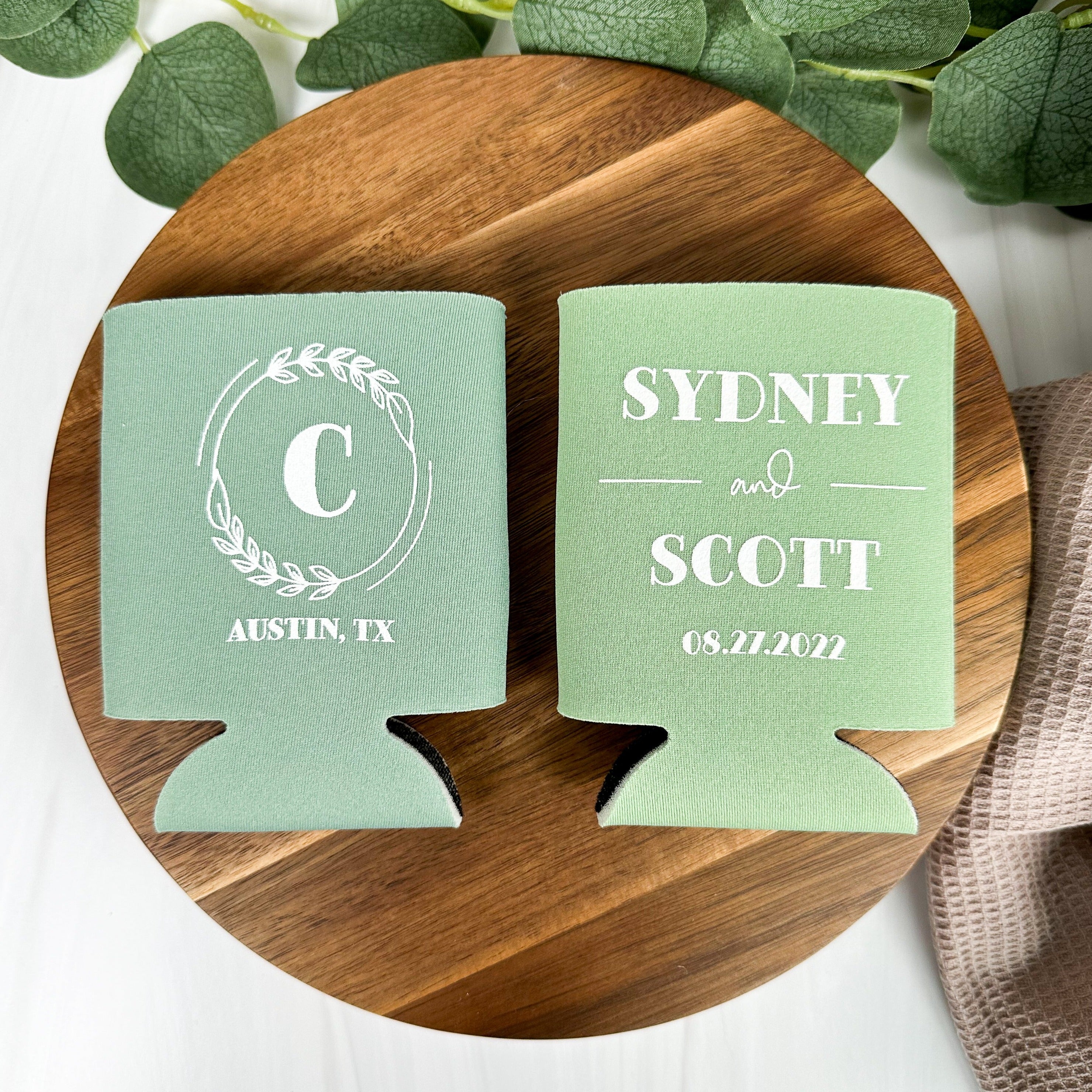 Custom monogram wedding can coolers in the color of willow green and sage green