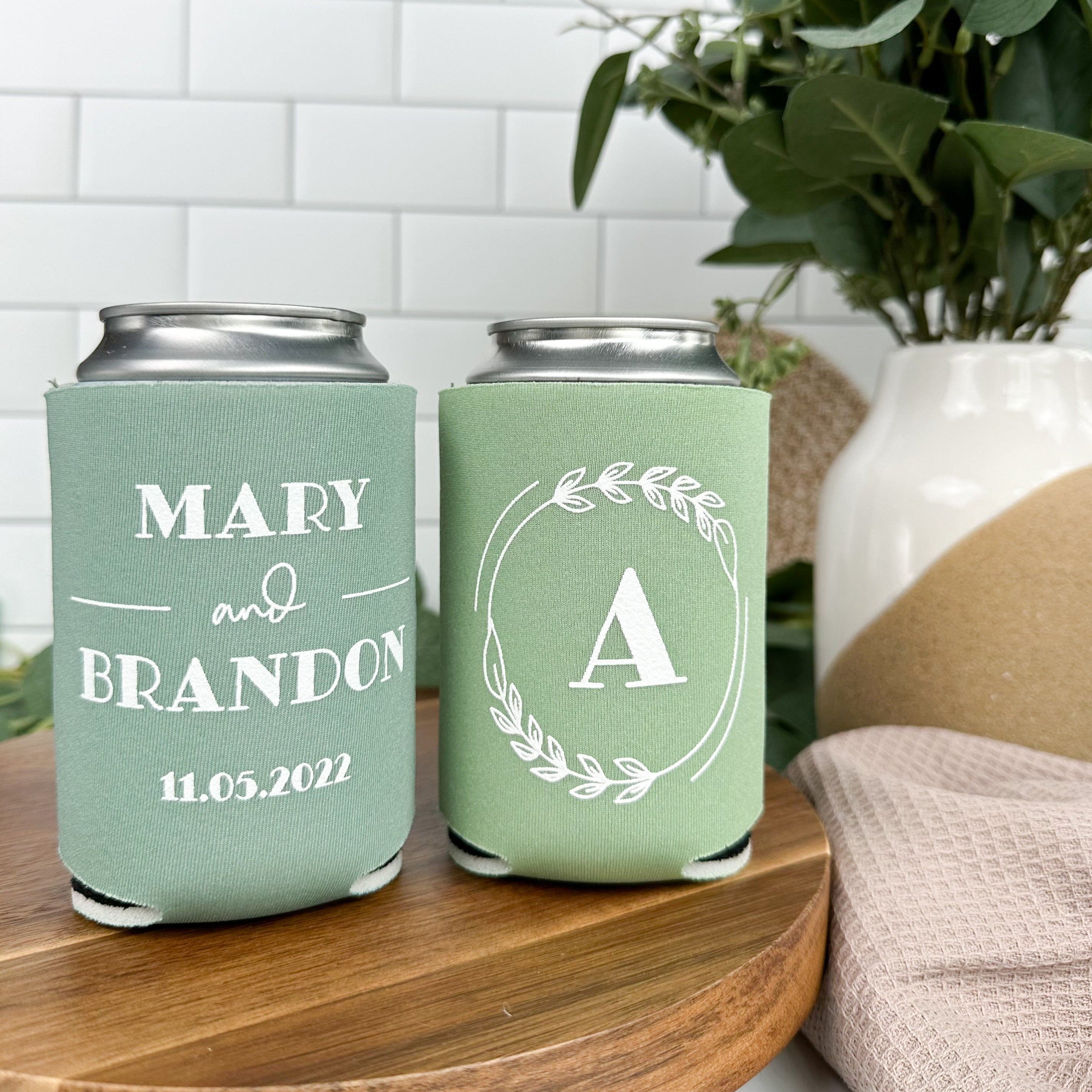 Custom monogram wedding can coolers in the color of willow green and sage green