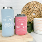 Tropical destination wedding can coolers in colors placid blue and strawberry ice