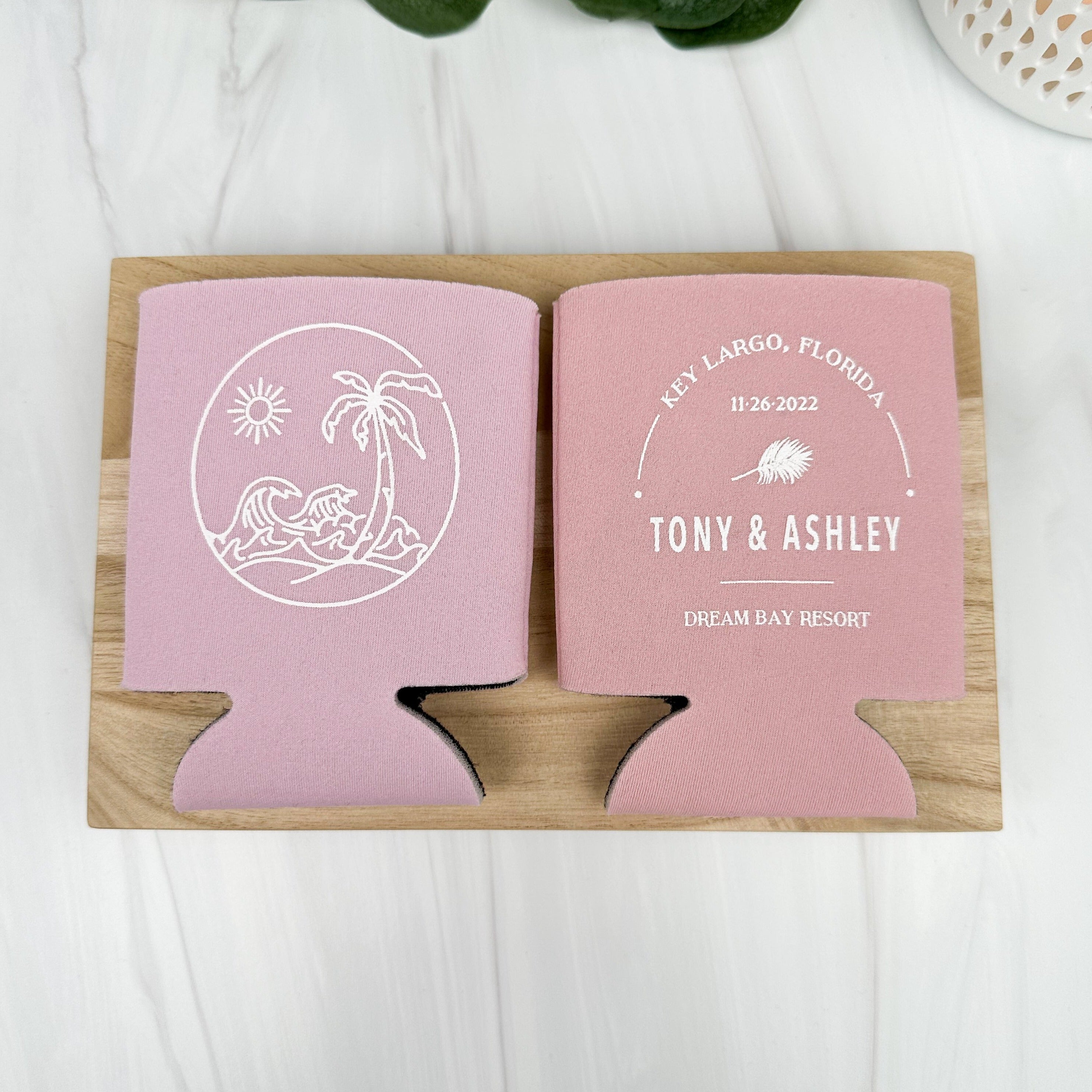 Tropical destination wedding can coolers in colors blush and dusty rose