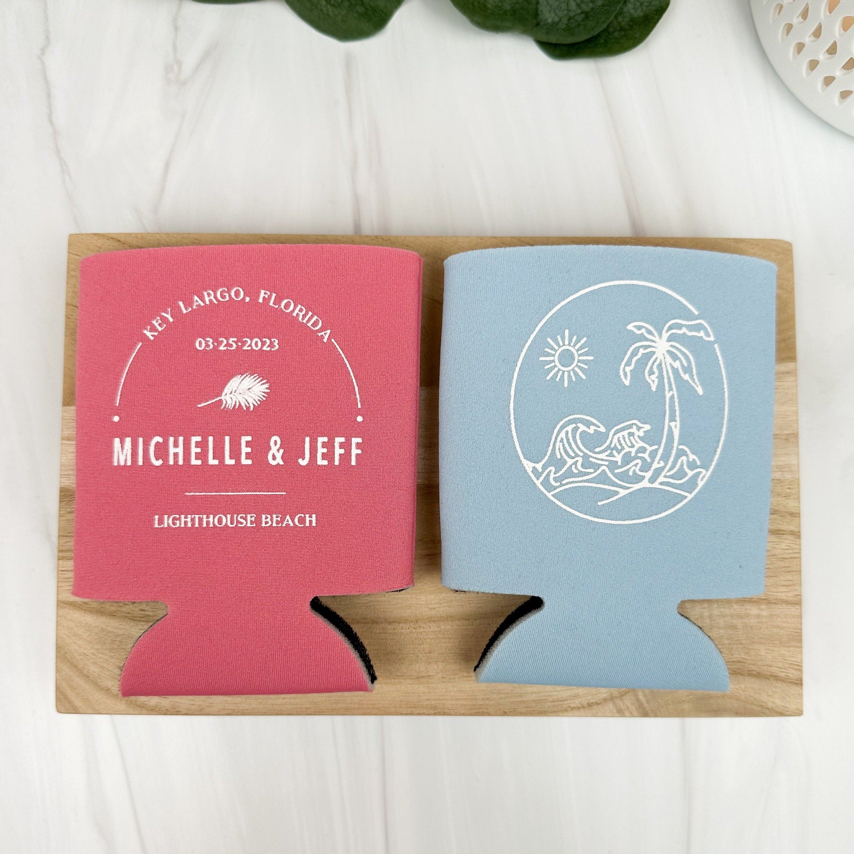  Tropical destination wedding can coolers in the colors stawberry ice and placid blue