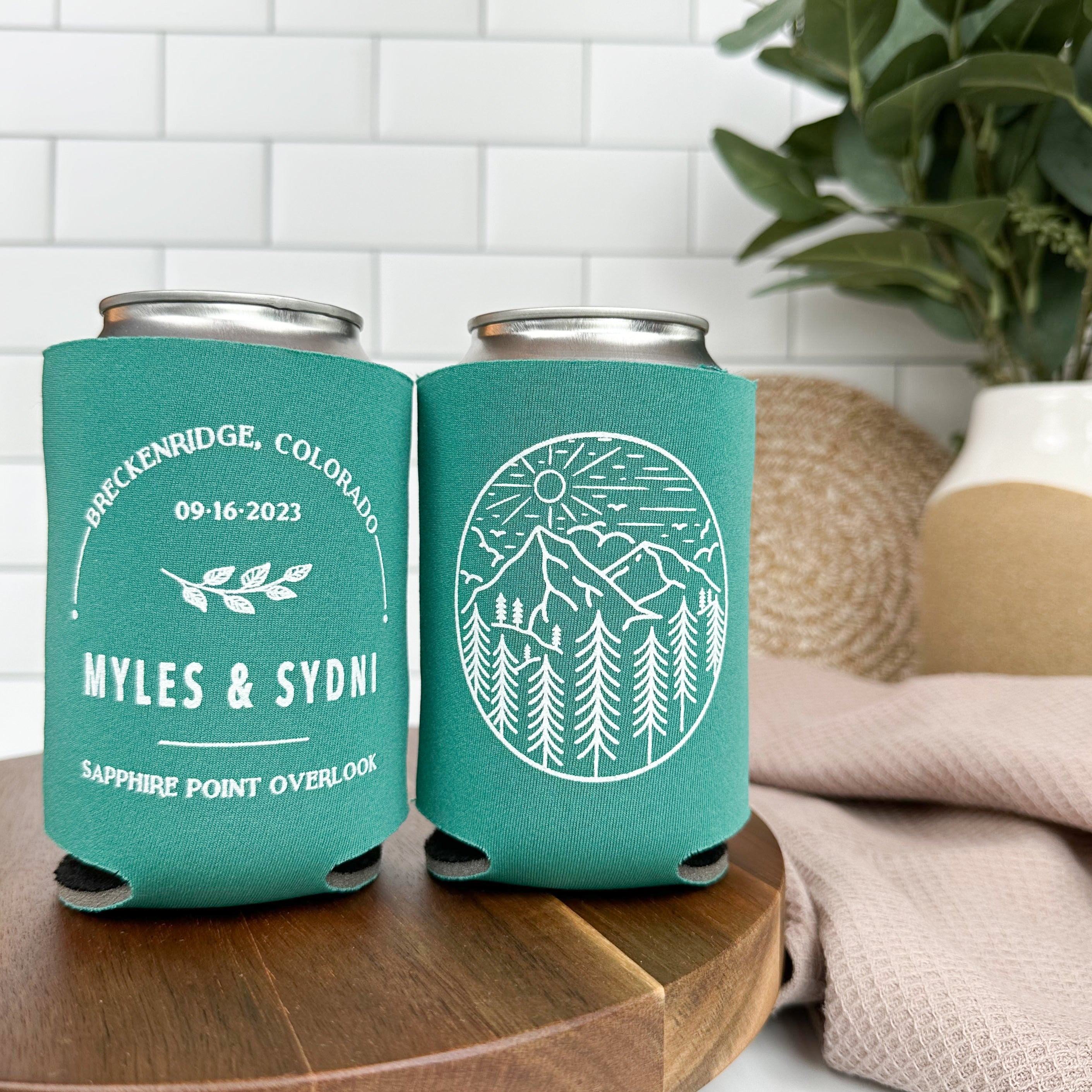 Mountain destination wedding can coolers in color emerald