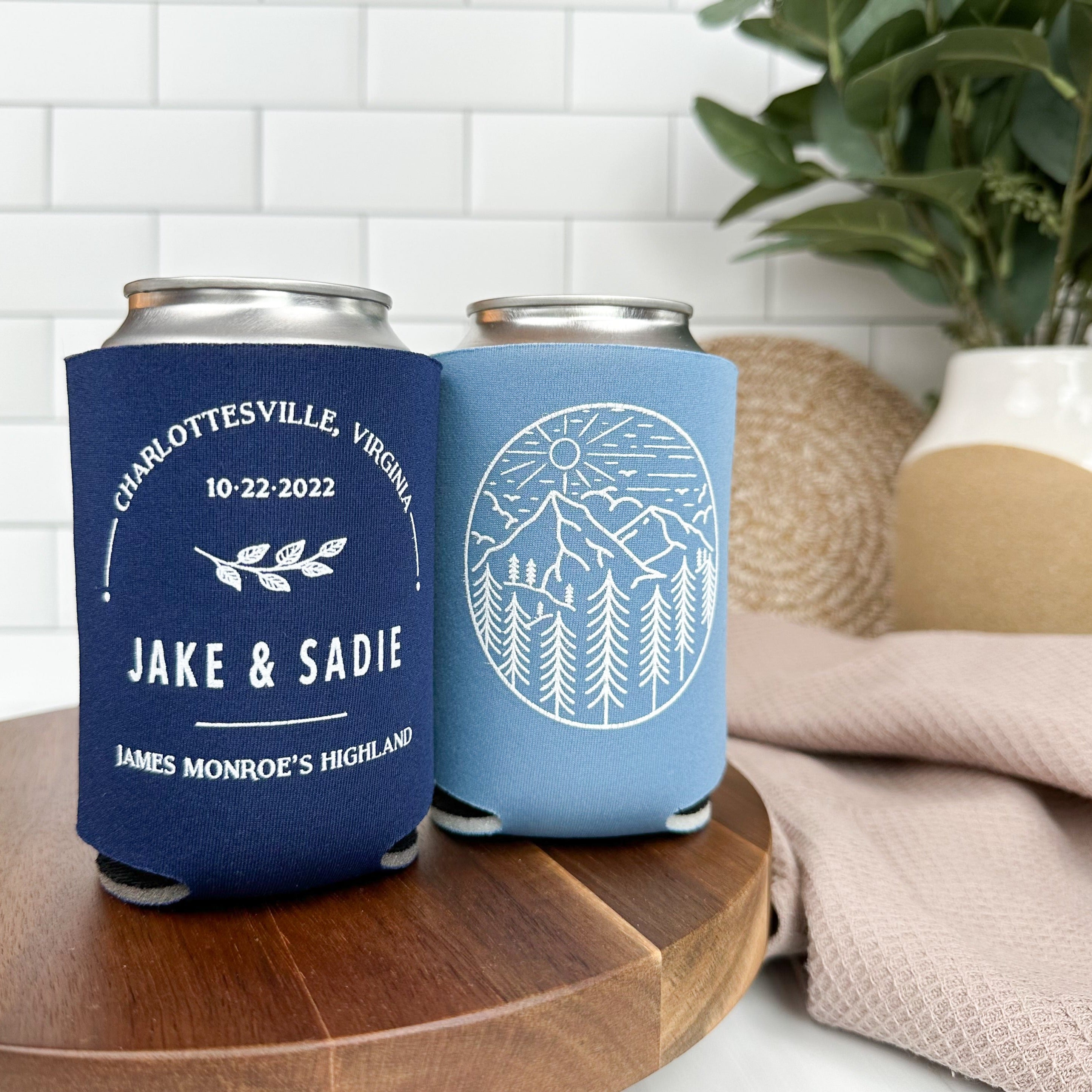 Mountain destination wedding can coolers in colors navy blue and steel blue