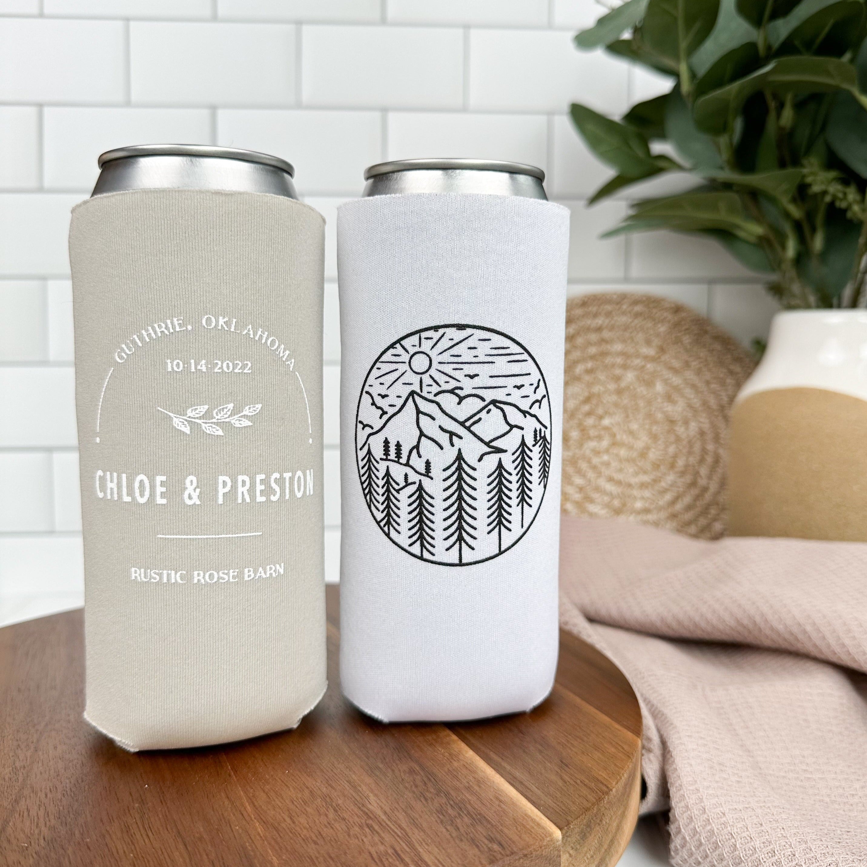Custom mountain destination wedding slim can coolers in the colors sandstone and white