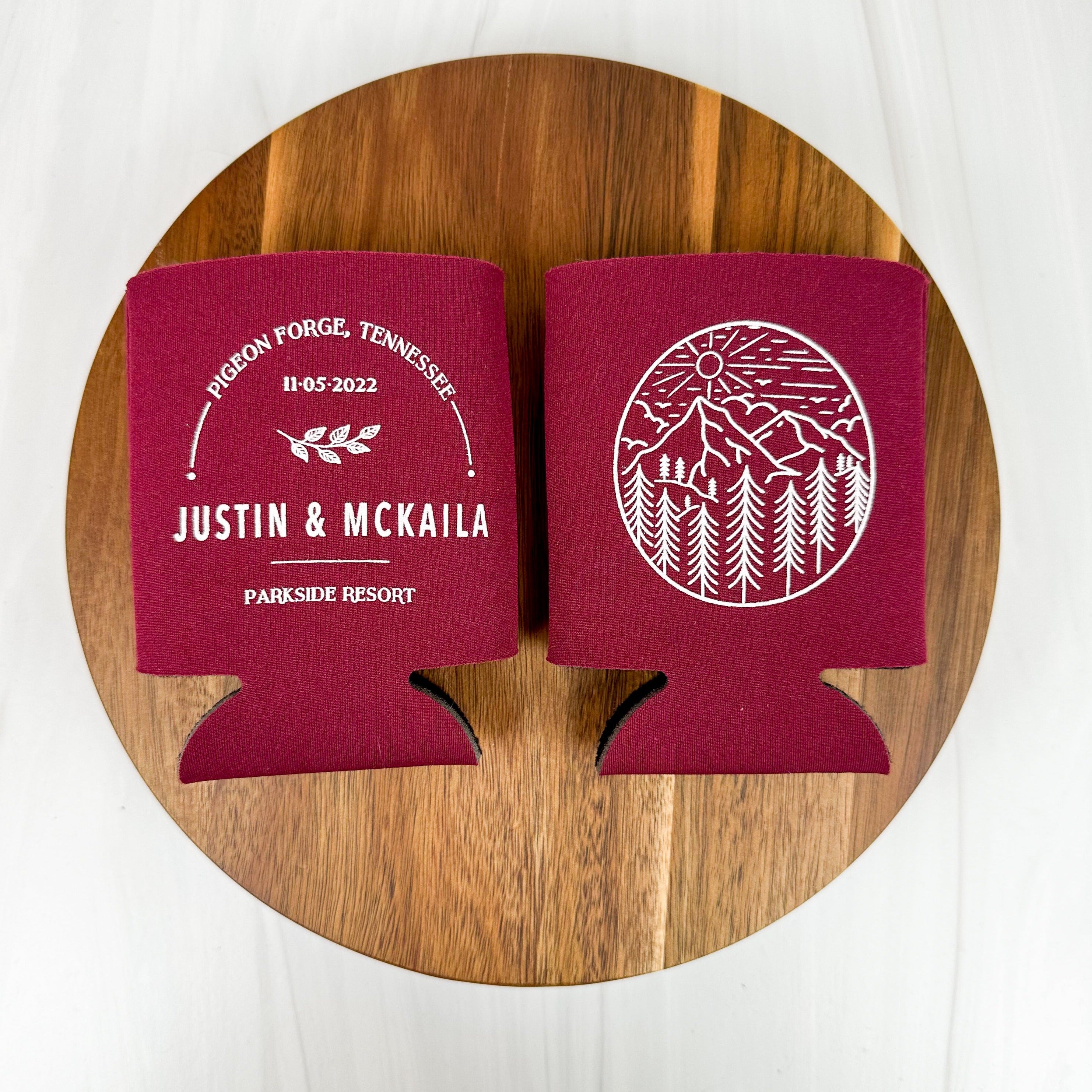 Mountain destination wedding can coolers in color maroon