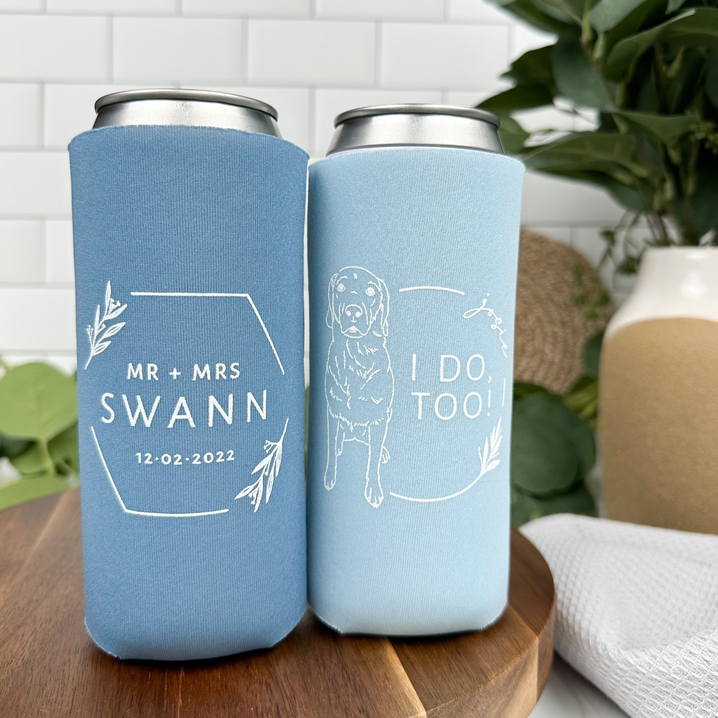 Pet drawing custom wedding slim can coolers in the colors steel blue and placid blue