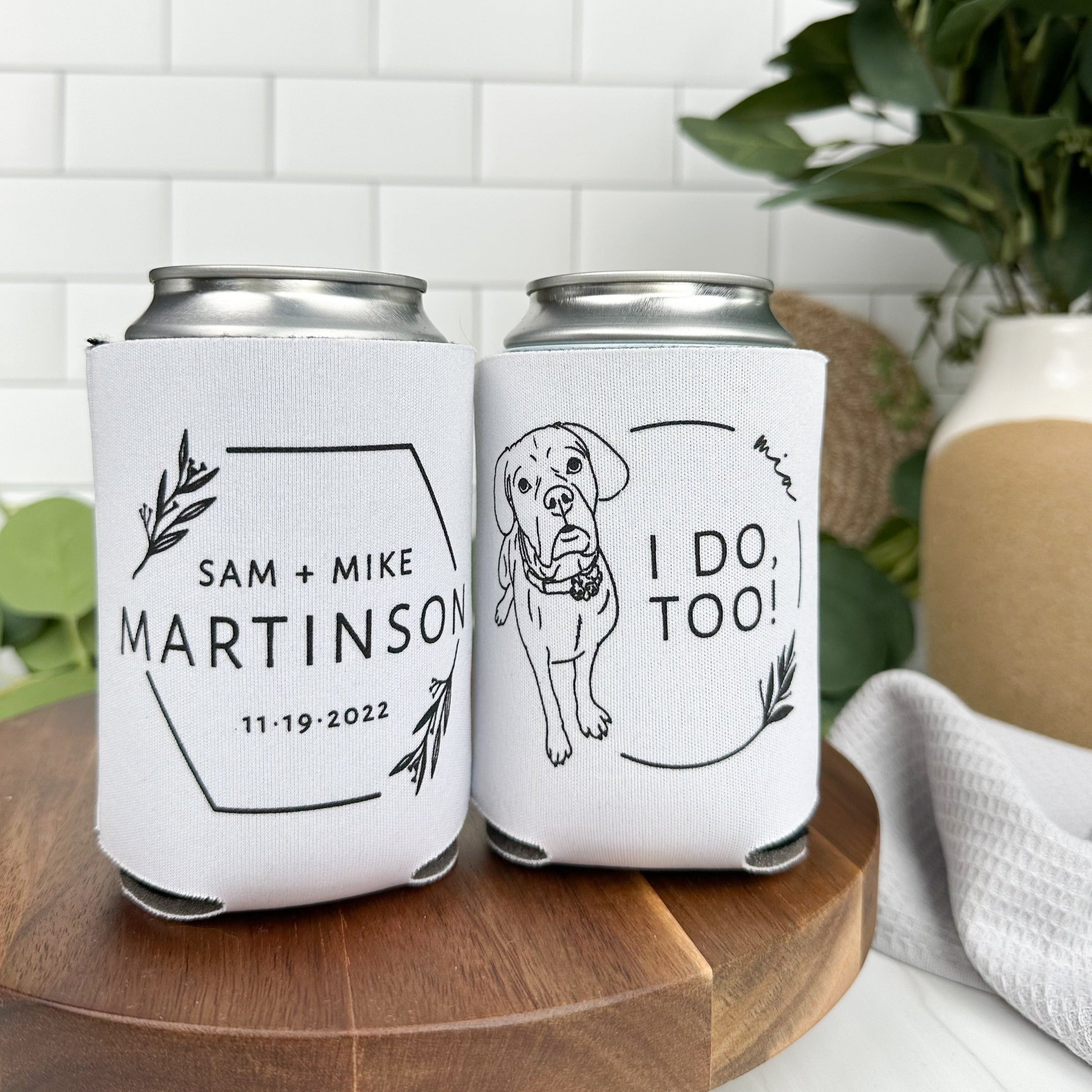 Pet drawing custom wedding can coolers in the color of white