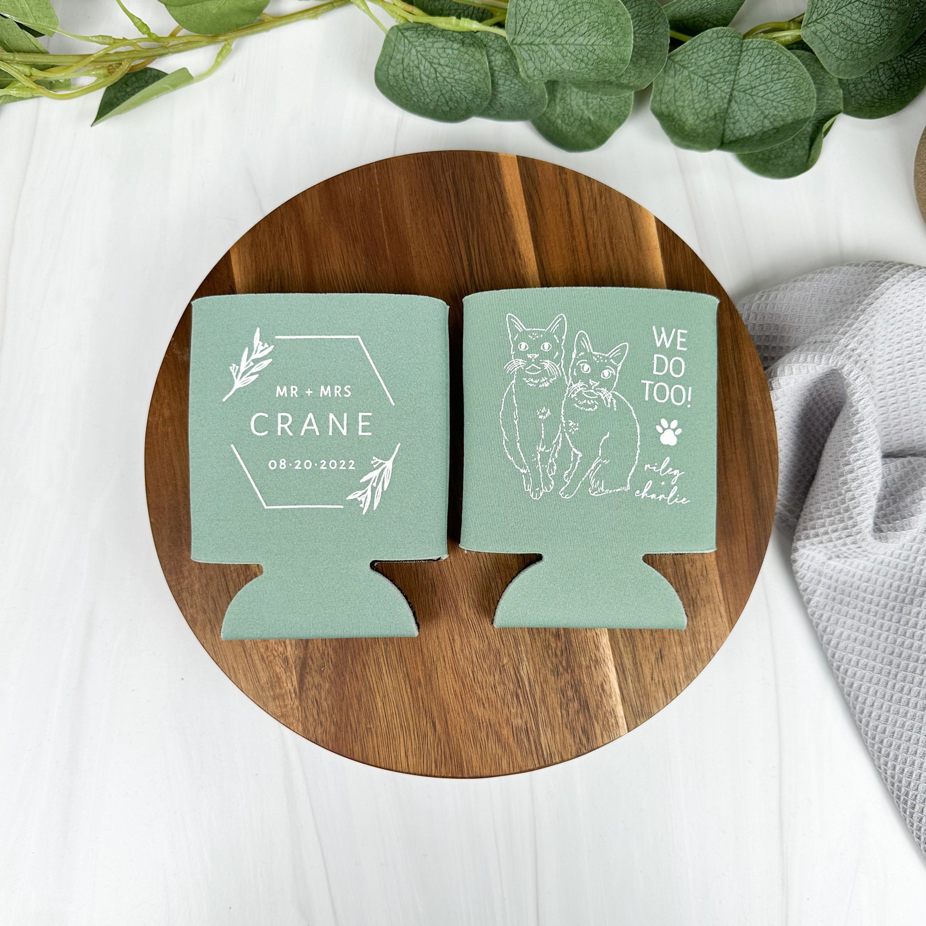 Pet drawing custom wedding can coolers in the color of sage