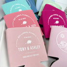Tropical destination wedding can coolers in various colors