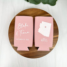 Custom wedding slim can coolers in the color of dusty rose, featuring a state outline