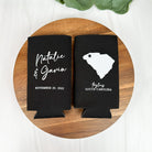 Custom wedding slim can coolers in the color of black, featuring a state outline