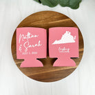Custom wedding can coolers in the color strawberry ice, featuring a state outline