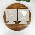 Custom wedding can coolers in the color of sandstone, featuring a state outline