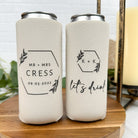 Custom wedding slim can coolers in the color sandstone